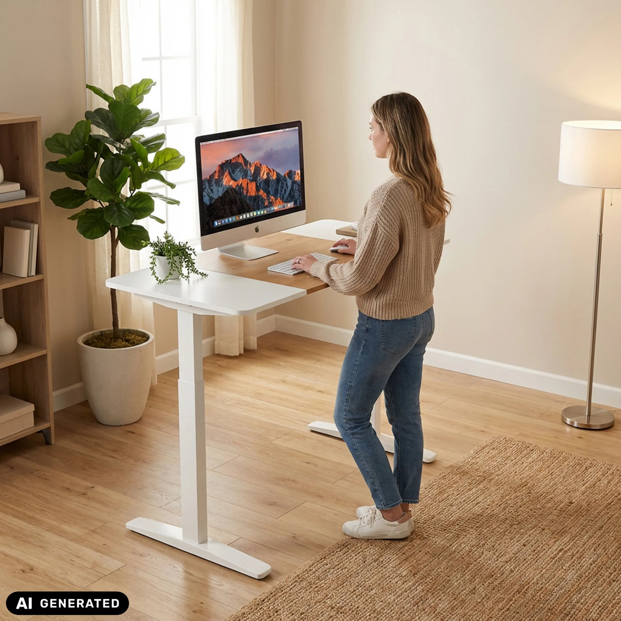 Bureau réglable en hauteur électriquement STAND T3 en blanc et chêne en cours d'utilisation de hjh OFFICE (image générée par IA)