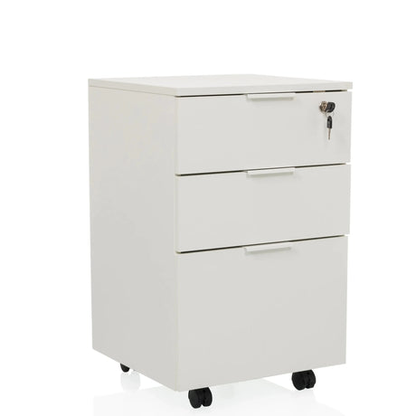 Caisson sur roulettes DAVIK blanc en bois avec trois tiroirs et une serrure de hjh OFFICE
