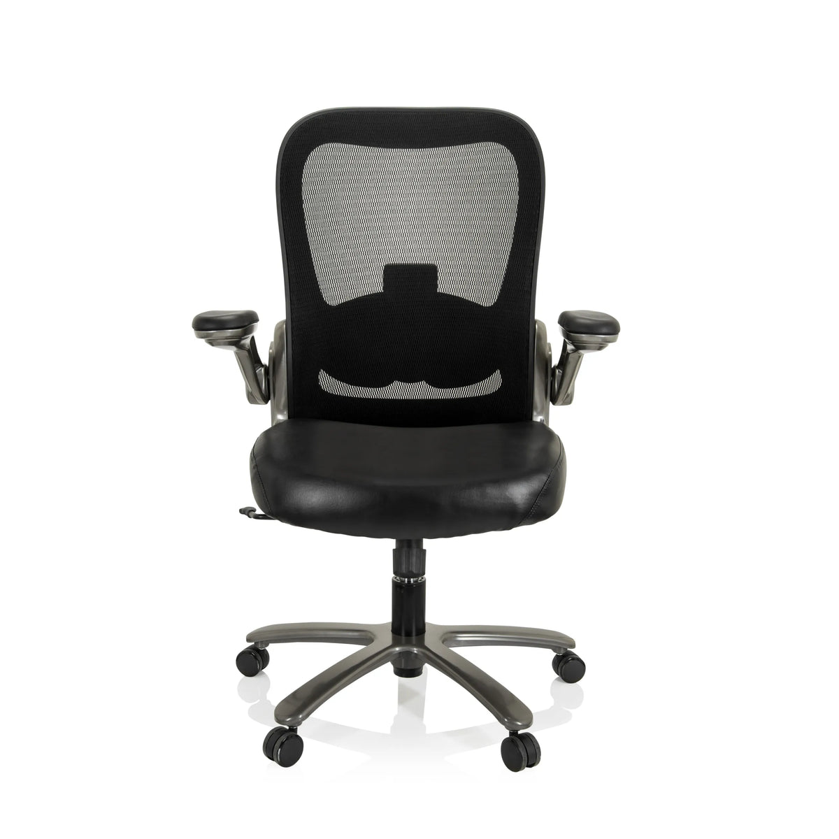 Siège pivotant XXL INSTRUCTOR T I noir avec dossier en maille, assise en similicuir et pied à cinq roulettes de hjh OFFICE – vue à 360° (vue de face 0°)