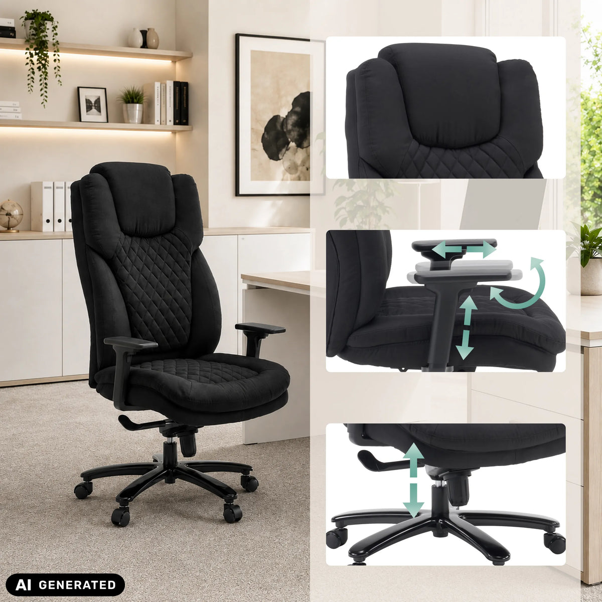 Drehstuhl XXL Pullmann Gen2 in Schwarz mit verstellbaren Armlehnen und höhenverstellbarem Fußkreuz von hjh OFFICE