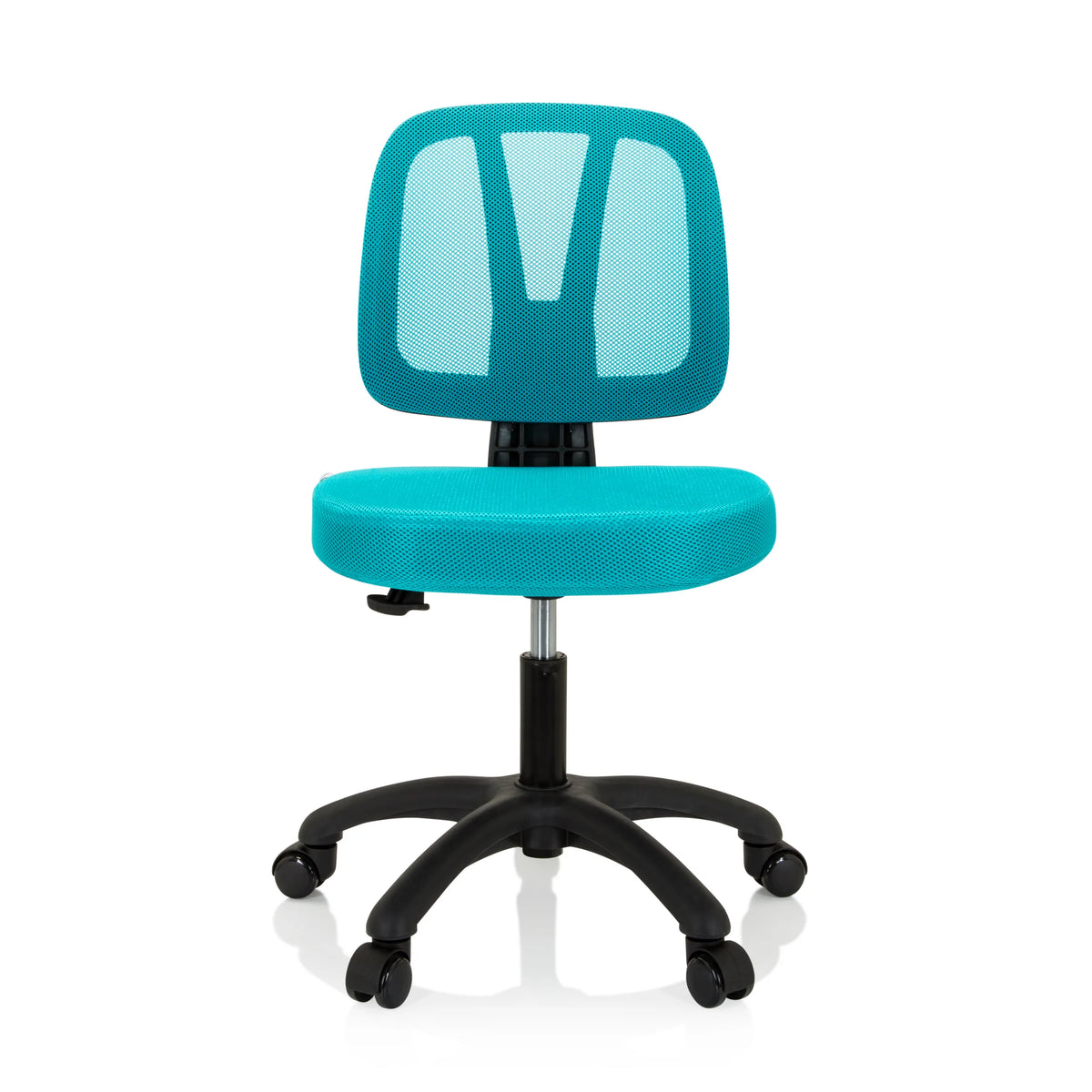 Chaise pivotante pour des enfants KID YU 200 turquoise avec dossier en maille et base à cinq roulettes de hjh OFFICE – vue à 360° (vue de face 0°)