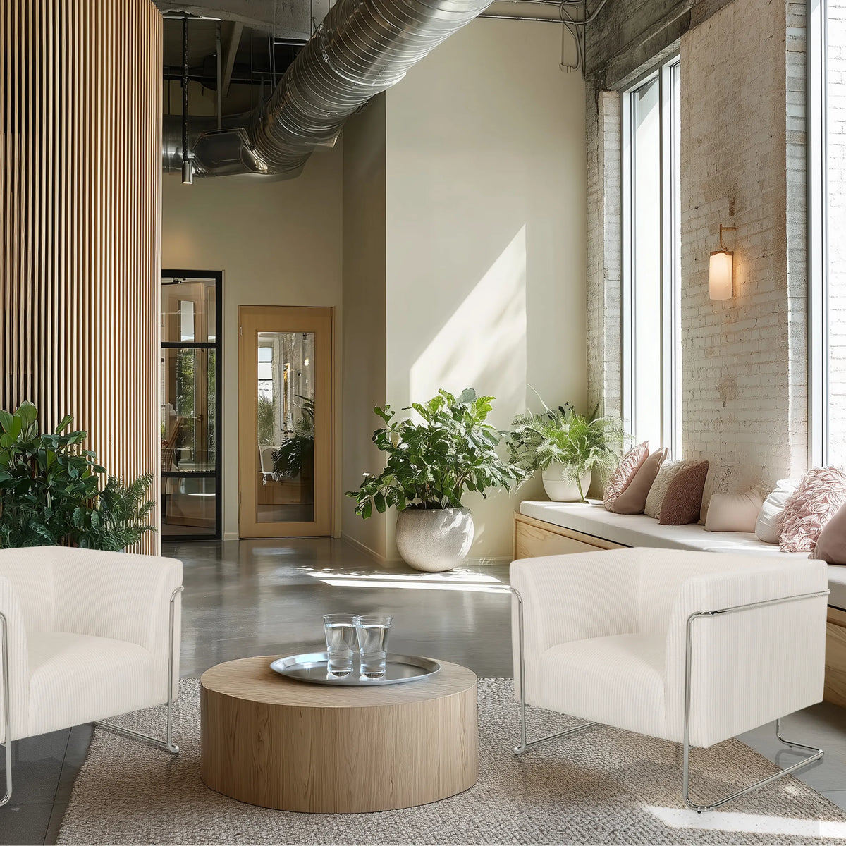 Deux Fauteuil de salon Curacao Cord blancs avec structure en métal et une table basse ronde de hjh LIVING