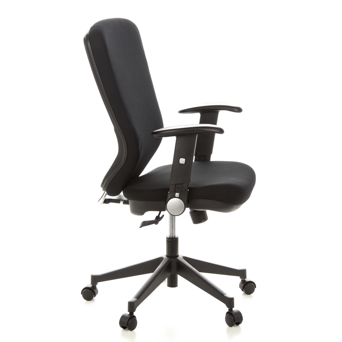 Siège de bureau de qualité professionnelle TRAFFIC 30 noir avec accoudoirs et base à cinq roulettes de hjh OFFICE – vue à 360° (vue de profil 80°)