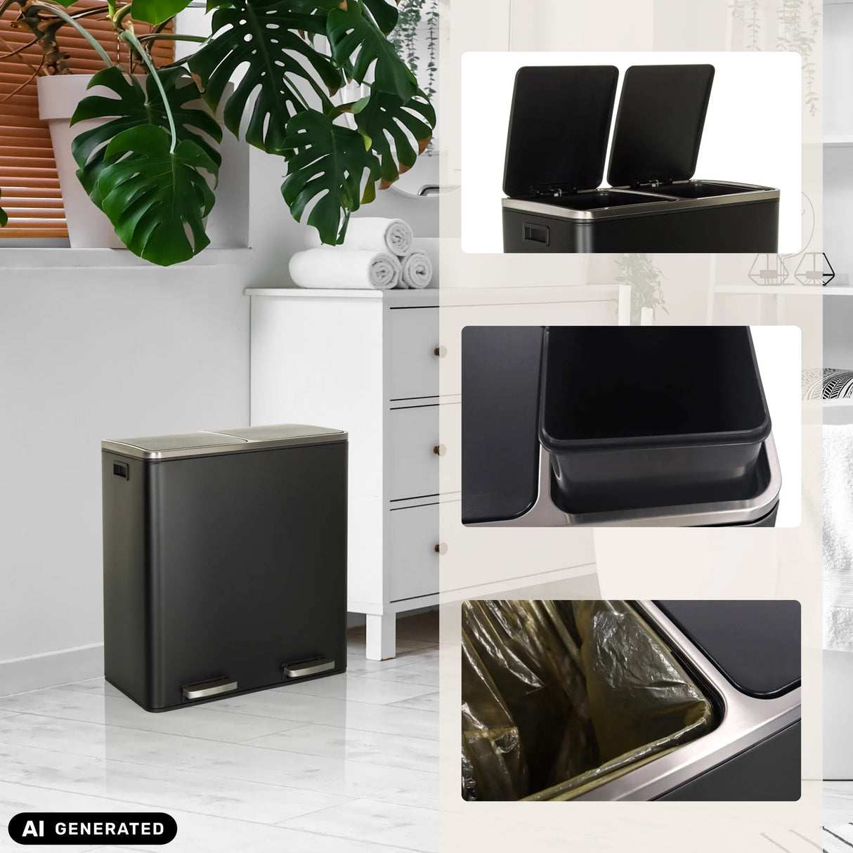 Double poubelle CLEAN XI en noir avec deux bacs de tri et commande par pédale de hjh OFFICE (image générée par IA)
