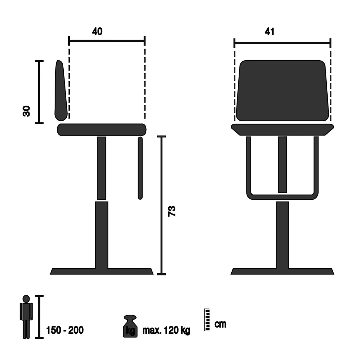 Dessin technique du Tabouret de bar SCANDI HIGH d'une hauteur de 73 cm de hjh LIVING