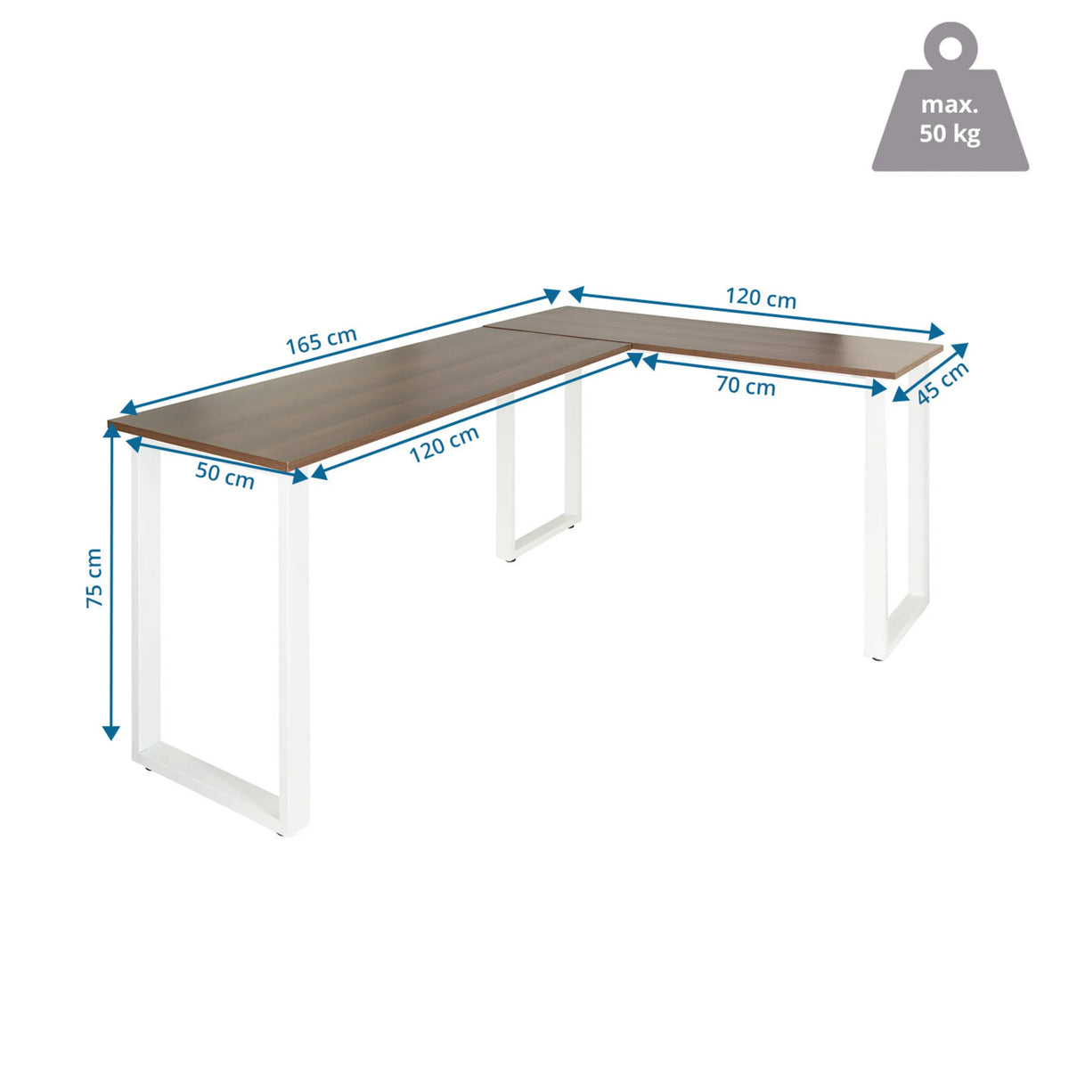 Dessin dimensionnel du Bureau d'angle WORKSPACE BASIC I en noyer et blanc, 165 x 120 cm, de hjh OFFICE