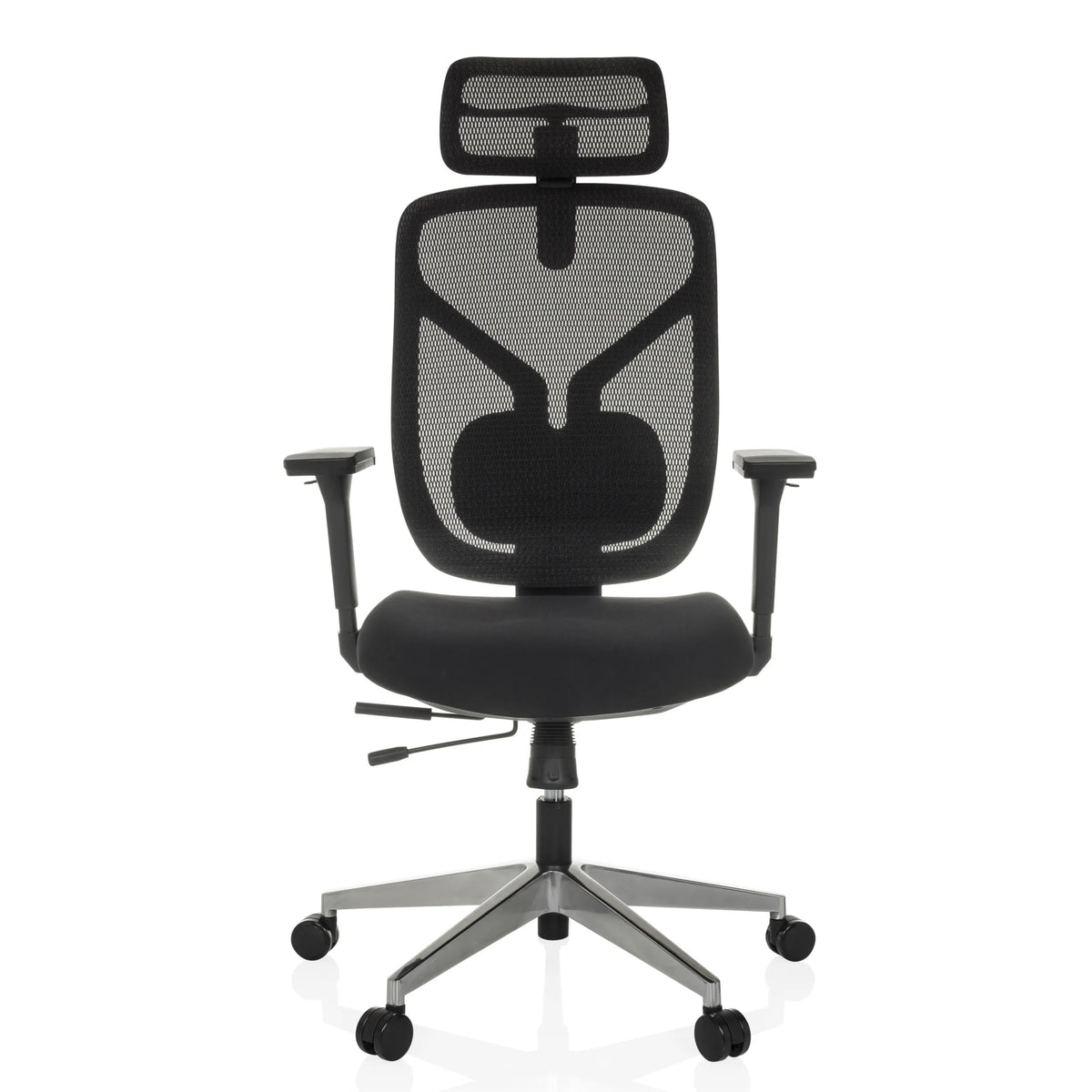 Siège de bureau haut de gamme CASSILIS B noir avec dossier en maille et base à cinq roulettes de hjh OFFICE – vue à 360° (vue de face 0°)