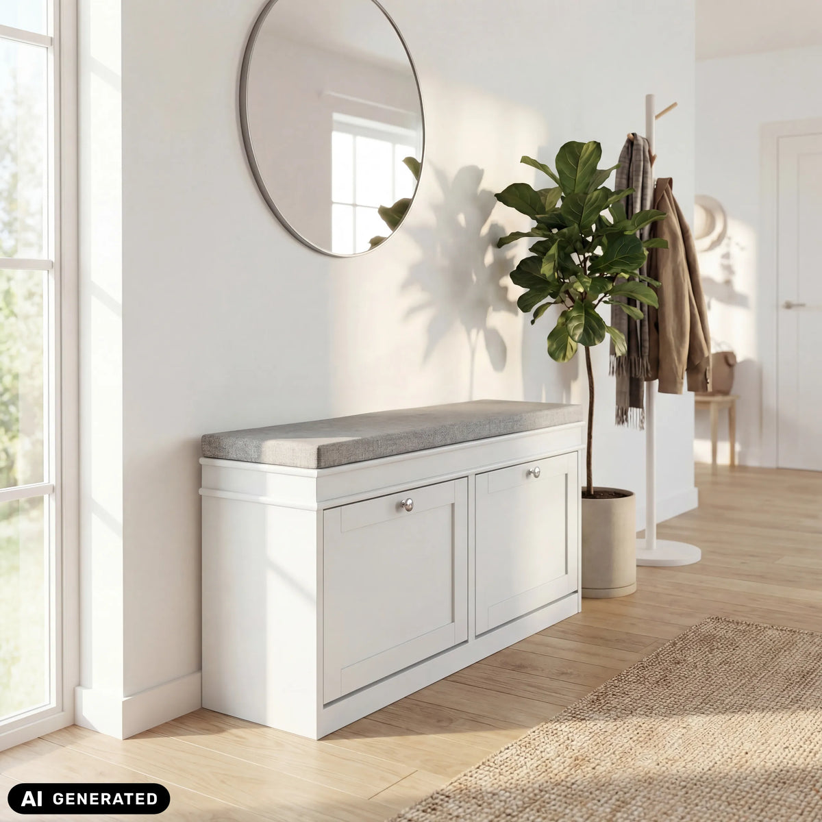 Armoire à chaussures Estha 11 blanche avec assise grise et deux portes de hjh LIVING (image générée par IA)