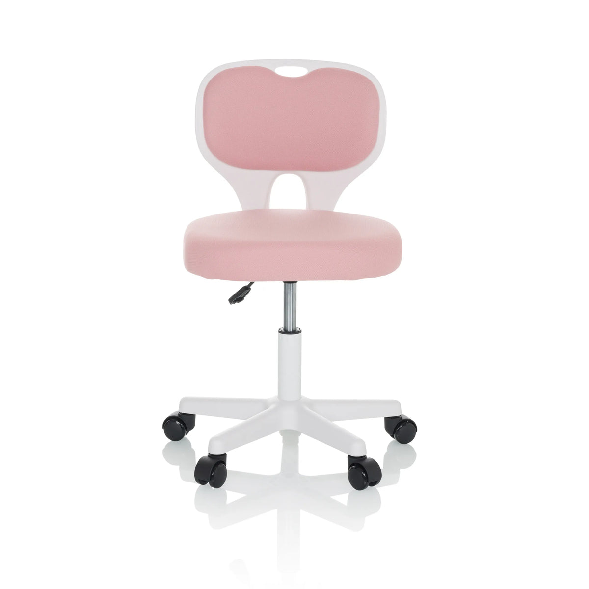 Chaise pivotante pour des enfants KIDDY TOP W rose avec structure blanche et base à cinq roulettes de hjh OFFICE – vue à 360° (vue de face 0°)