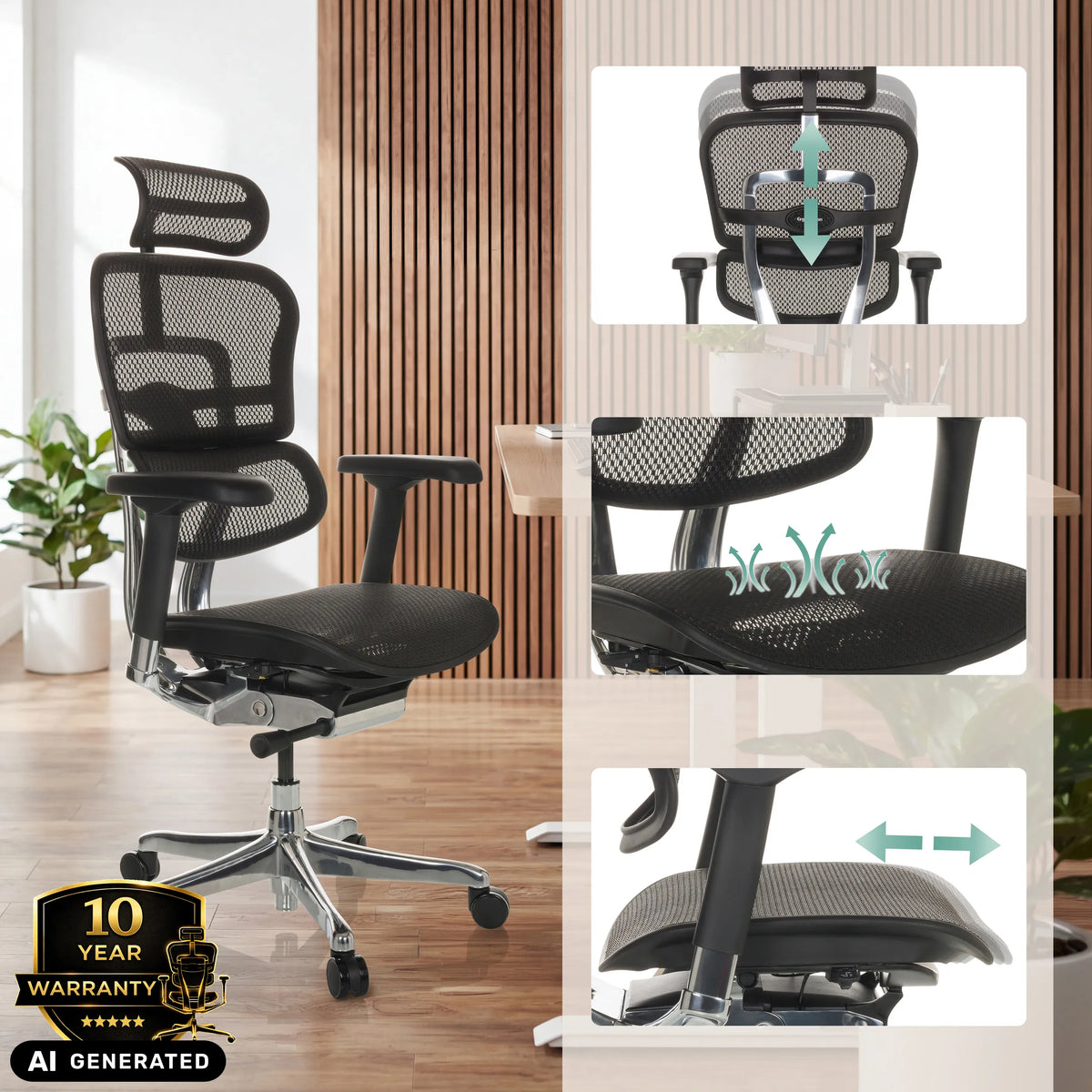 Siège de direction de luxe ERGOHUMAN GEN2 avec appuie-tête et profondeur d'assise réglables de hjh OFFICE (image générée par IA)