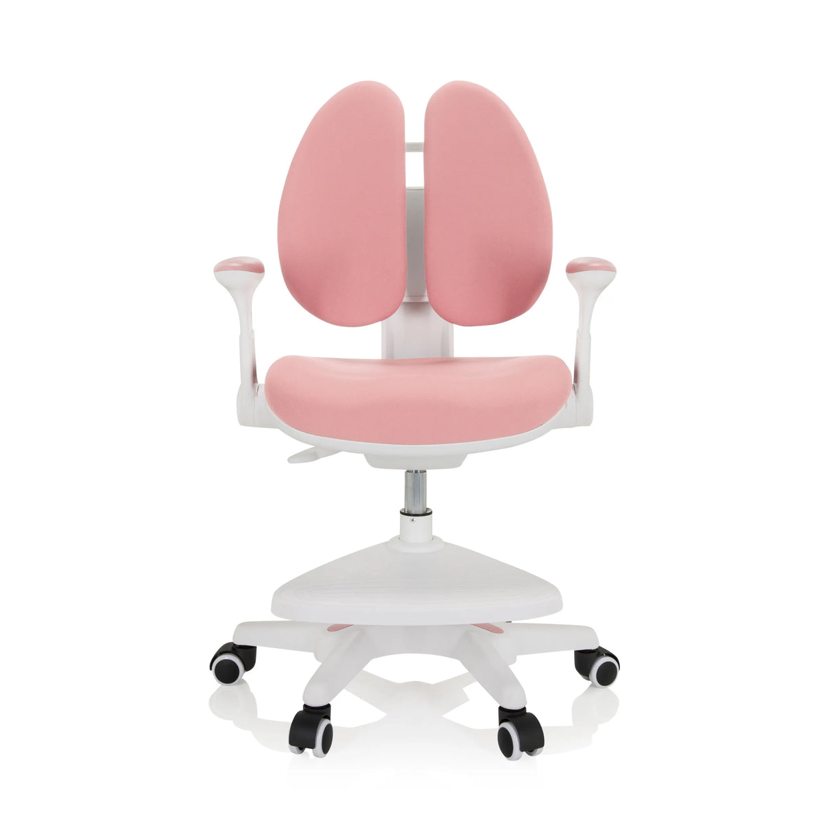Chaise pour enfants rose KID WING avec dossier séparé et base blanche à cinq roulettes de hjh OFFICE – vue à 360° (vue de face 0°)