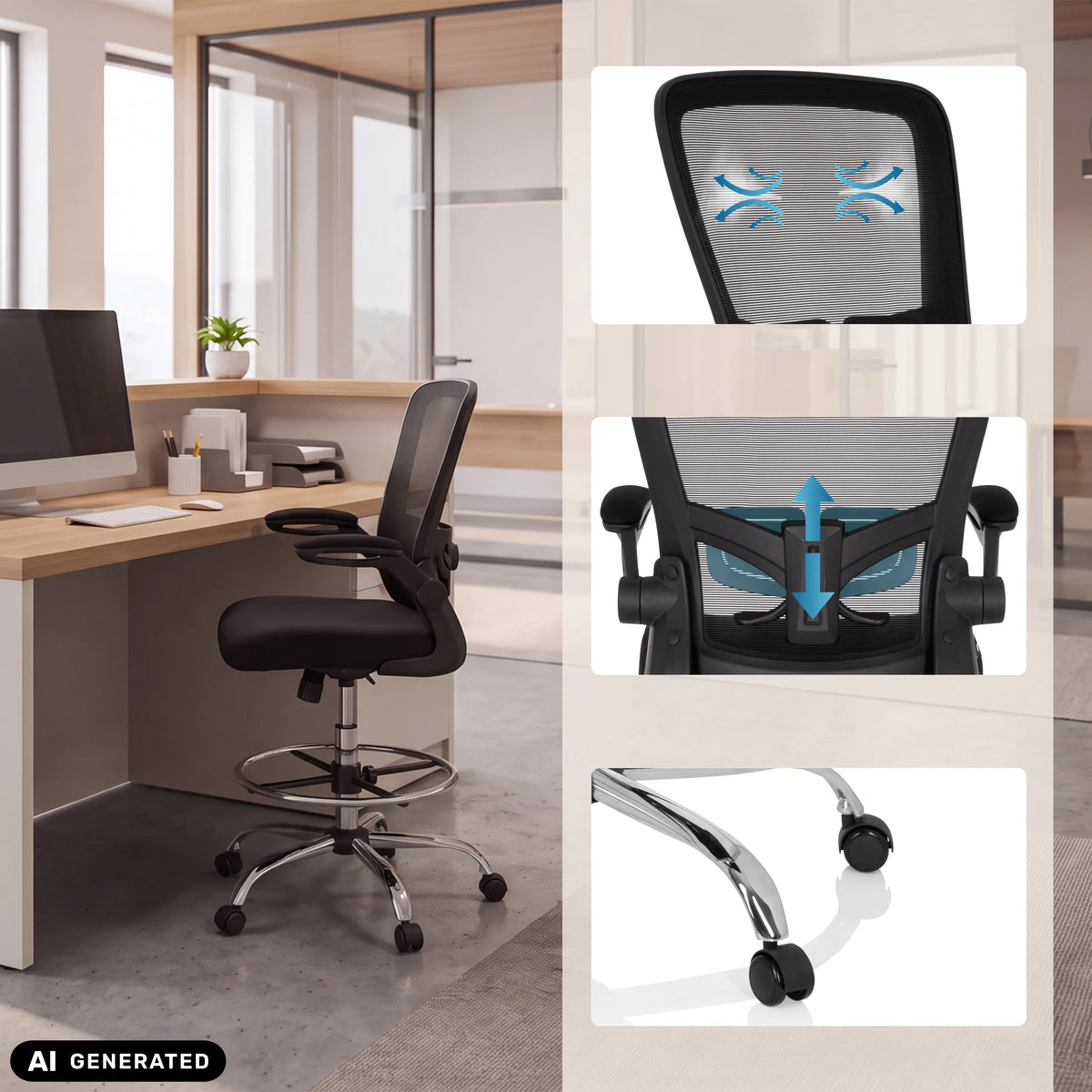 Chaise de comptoir VENDO WORK en noir avec vues détaillées du dossier et des roulettes de hjh OFFICE (image générée par IA)
