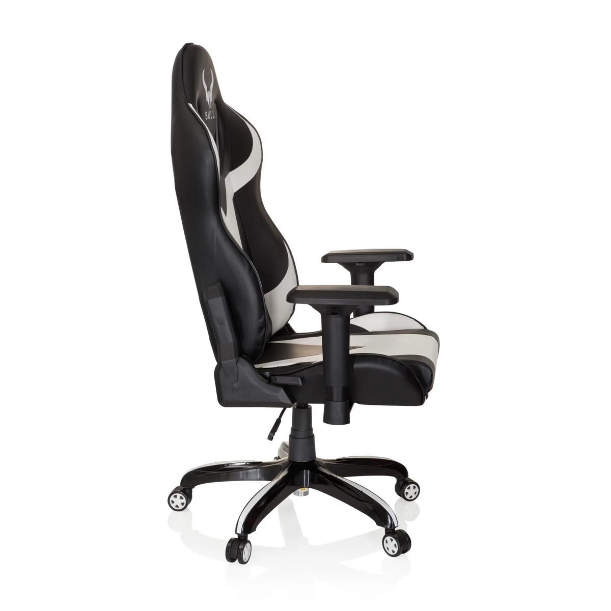Fauteuil Gamer PROMOTER I noir et blanc avec accoudoirs et base à cinq roulettes de hjh OFFICE – vue à 360° (vue de profil 80°)