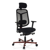 Siège de bureau haut de gamme BICOLORE HIGH noir avec dossier en maille, appui-tête et piètement rouge à cinq roulettes de hjh OFFICE – vue à 360° (vue de trois quarts avant 30°)