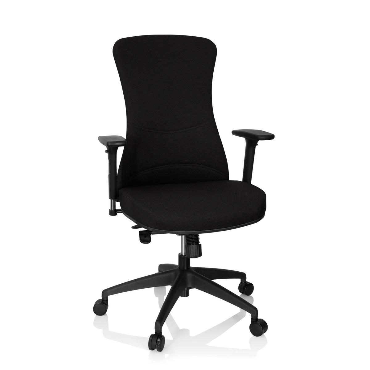 Siège de bureau de qualité professionnelle OFFICE XT PRO noir avec accoudoirs et base à cinq roulettes de hjh OFFICE – vue à 360° (vue de face 20°)