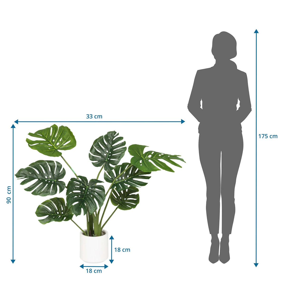 Dessin dimensionnel de la Plante artificielle MONSTERA I avec une hauteur de 90 cm et une largeur de 33 cm de hjh OFFICE