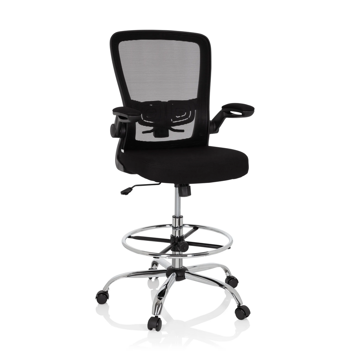 Chaise de comptoir VENDO WORK noire avec dossier en maille, repose-pieds et piètement à cinq roulettes de hjh OFFICE – vue à 360° (vue de face 19°)