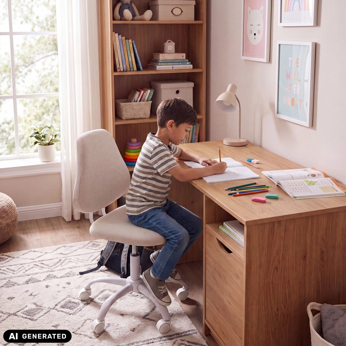 Chaise pivotante pour enfants Lumikid beige à un bureau de hjh OFFICE (image générée par IA)