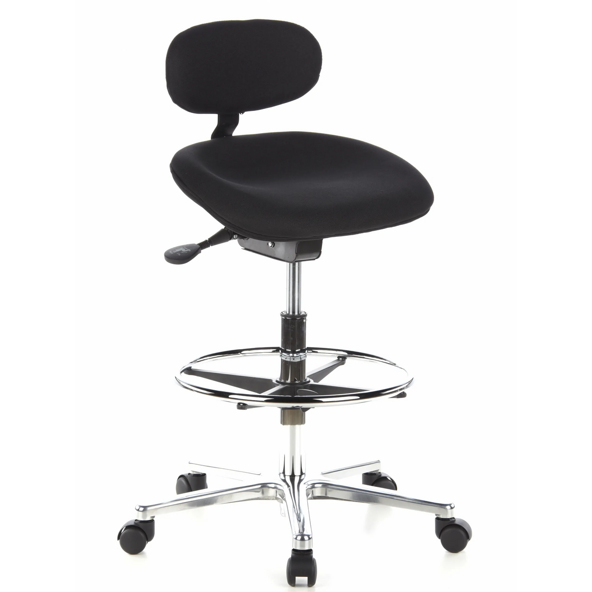 Chaise de comptoir WORK MF noire avec repose-pieds et base à cinq roulettes de hjh OFFICE – vue à 360° (vue de trois quarts avant 40°)