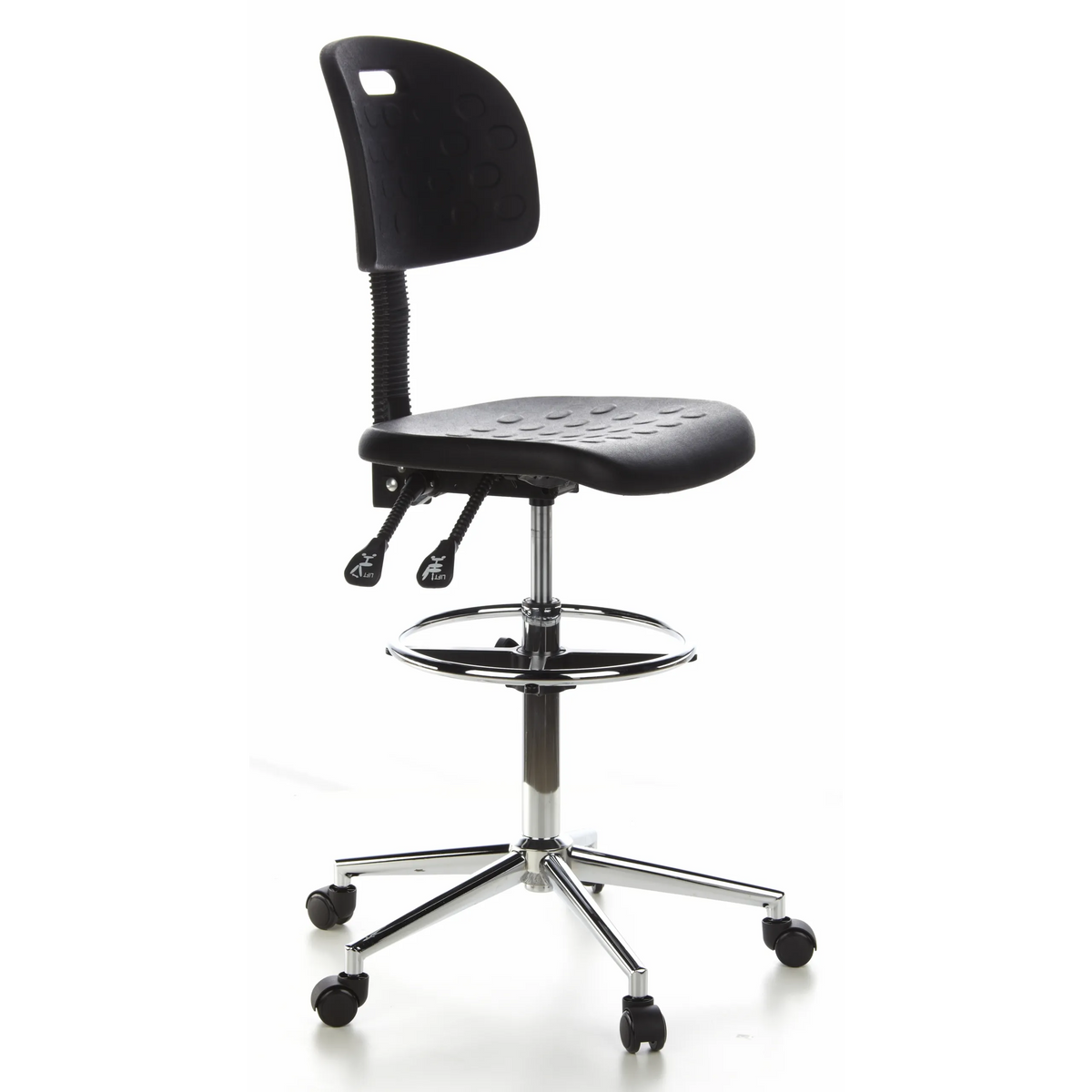 Chaise de comptoir noire TOP WORK 23 avec repose-pieds et piètement à cinq roulettes de hjh OFFICE – vue à 360° (vue de trois quarts avant 60°)