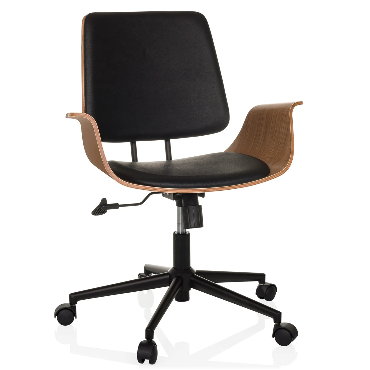 Siège de bureau à domicile CENCA II noir avec coque en bois et piétement à cinq roulettes de hjh LIVING – vue à 360° (vue de face 15°)