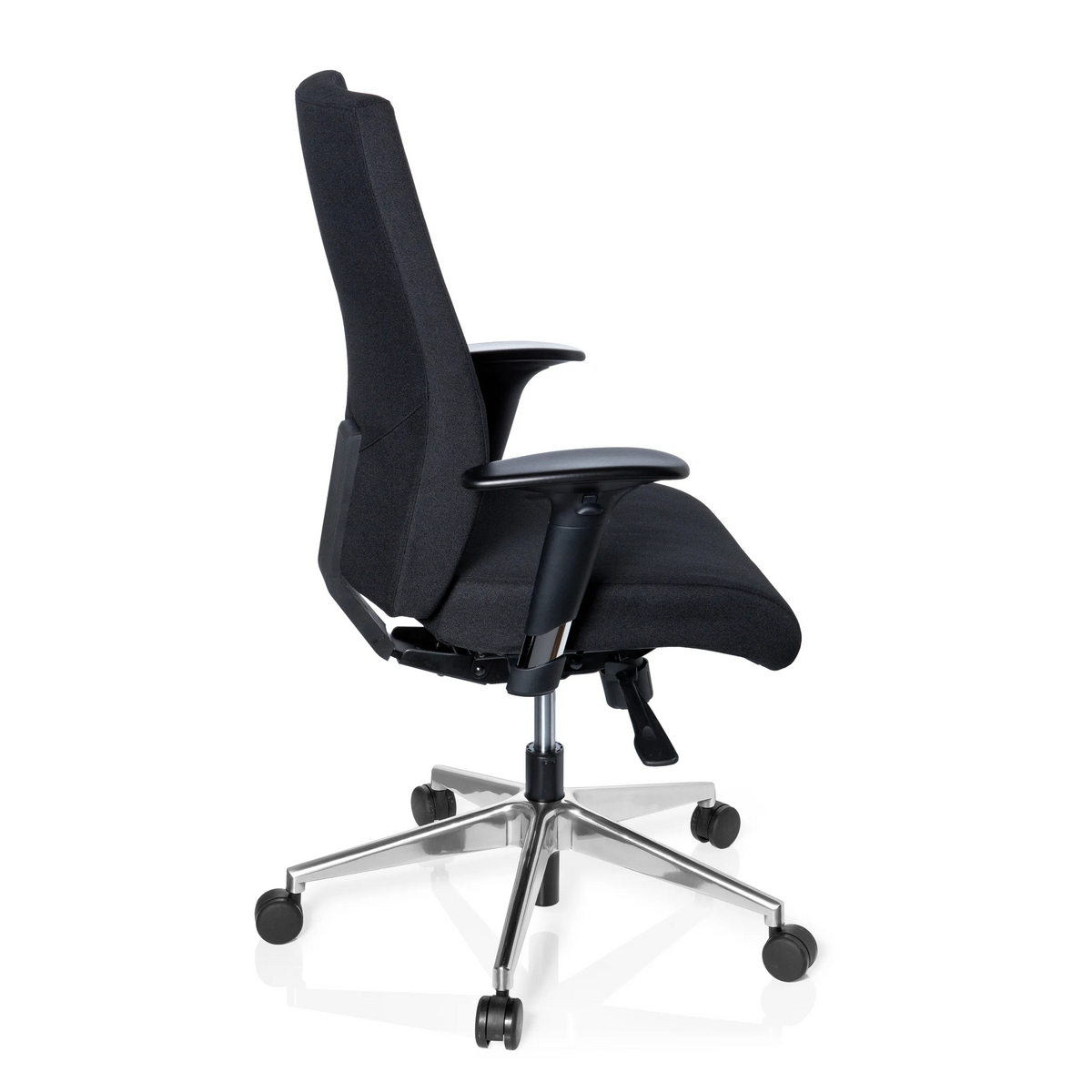 Siège de bureau de qualité professionnelle PRO-TEC 250 noir avec accoudoirs et pied à cinq roulettes de hjh OFFICE – vue à 360° (vue de profil 100°)