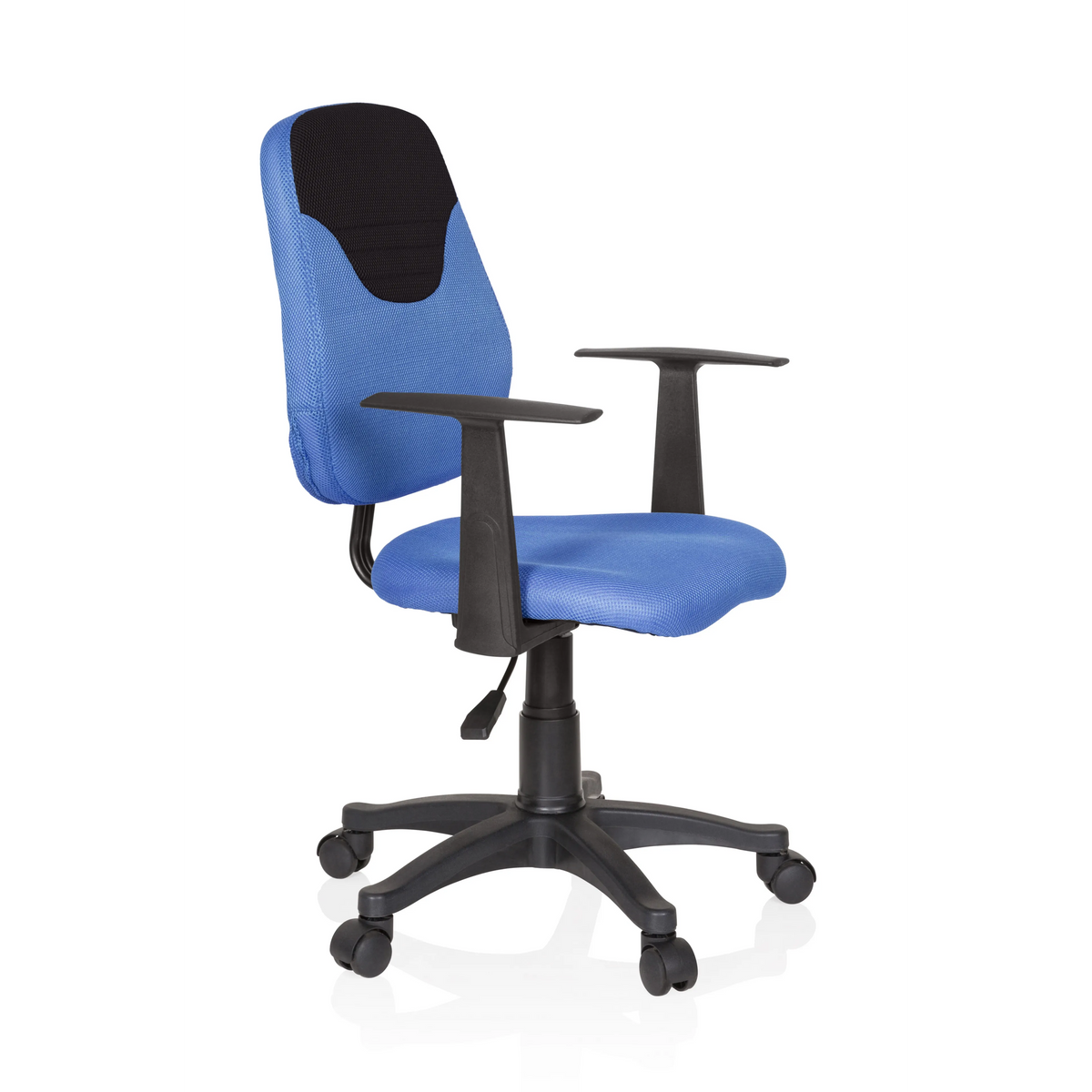 Blauer Kinderdrehstuhl KIDDY STYLE mit Netzrücken, Armlehnen und Fußkreuz mit fünf Rollen von hjh OFFICE – 360-Grad-Ansicht (schräge Frontansicht 60°)