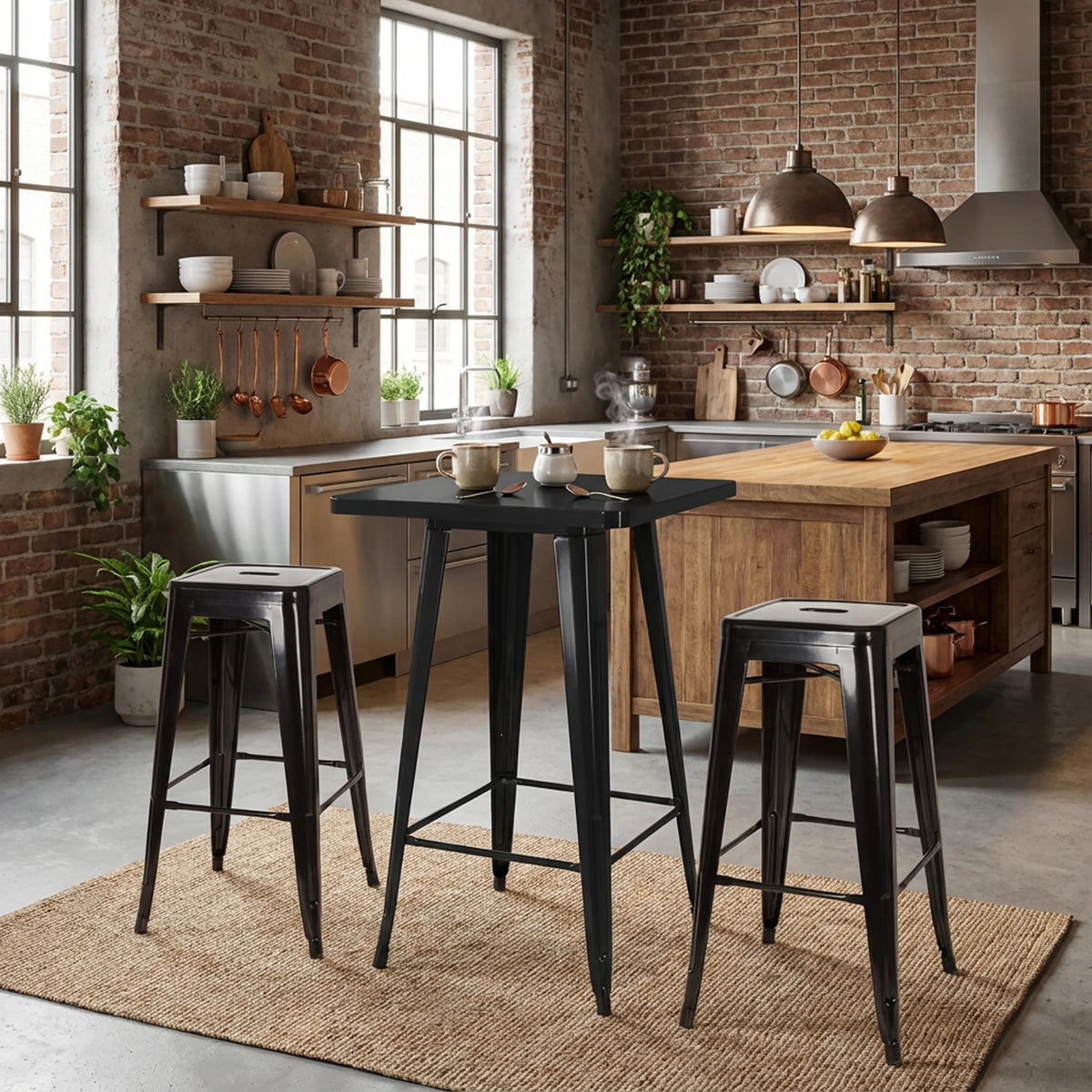 Ensemble bar Vantaggio Set noir avec table de bar carrée et deux tabourets assortis de hjh OFFICE