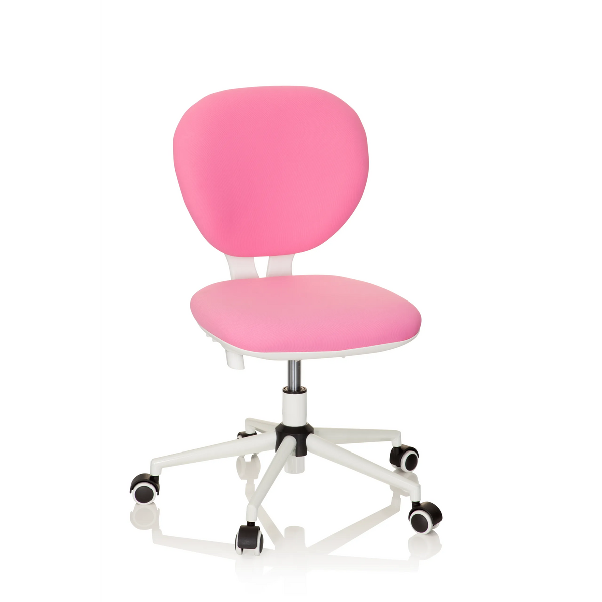 Chaise pivotante pour des enfants KID VIVO rose avec pied en étoile blanc et cinq roulettes de hjh OFFICE – vue à 360° (vue de face 20°)