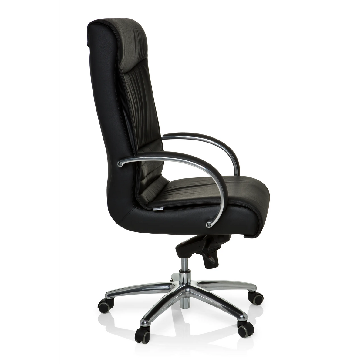Siège pivotant XXL F 400 noir en cuir avec pied en étoile et cinq roulettes de hjh OFFICE – vue à 360° (vue de profil 80°)