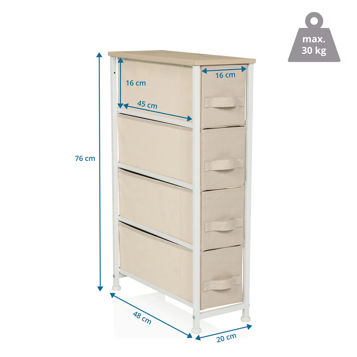 Dessin dimensionnel de la Commode FOLDRESS S avec 76 × 48 cm et quatre tiroirs de hjh LIVING