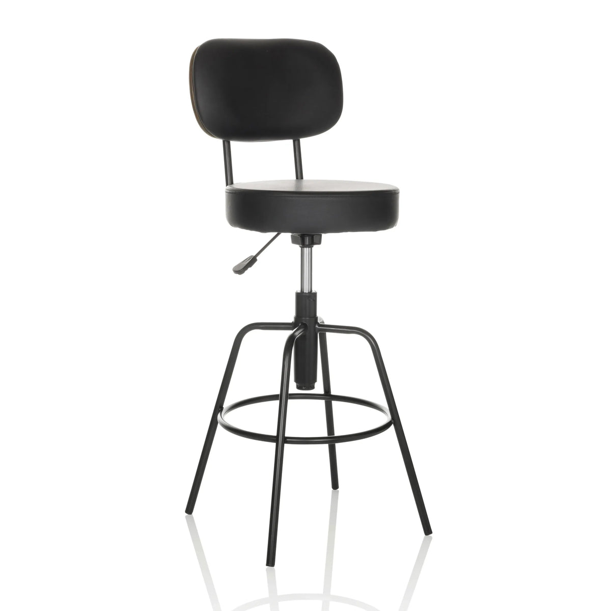 Tabouret de bar noir DISC HIGH avec dossier et repose-pieds rond de hjh OFFICE – vue à 360° (vue de trois quarts avant 30°)