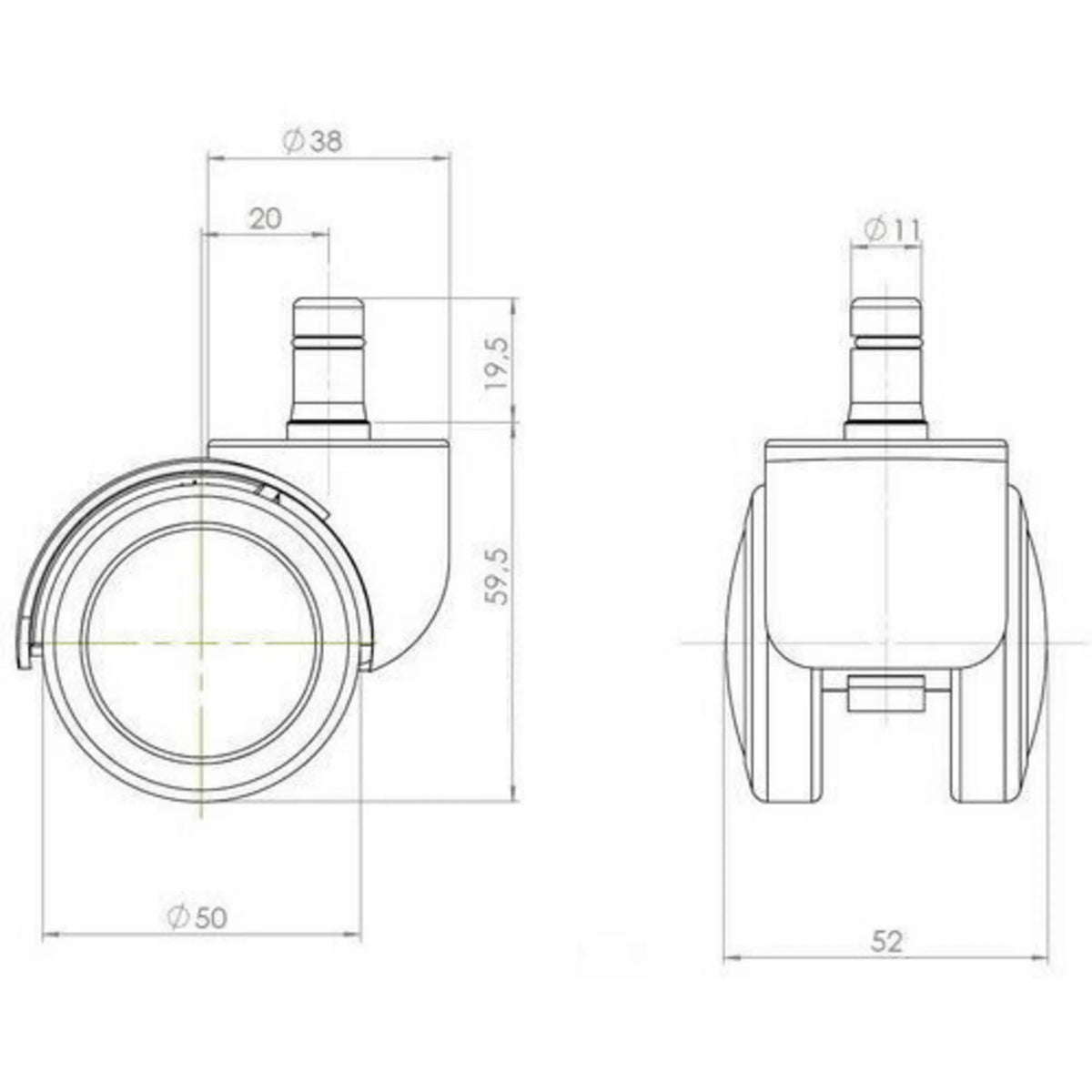 Dessin technique de la roulette 5x ROLO 11mm/50mm avec un diamètre de roue de 50 mm de hjh OFFICE