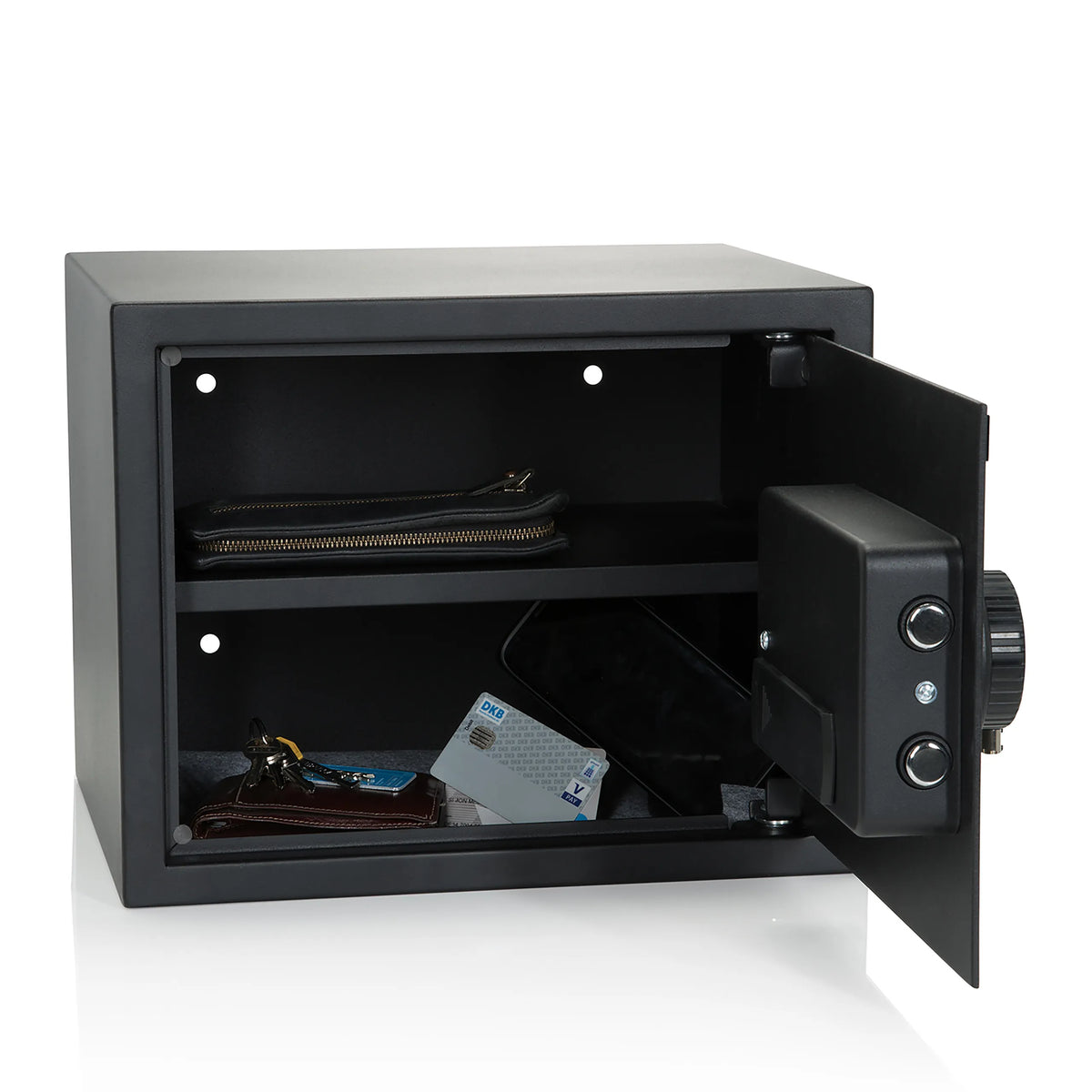 Coffre-fort SAFE COMPACT ouvert en noir avec deux étagères et un verrou numérique de hjh OFFICE