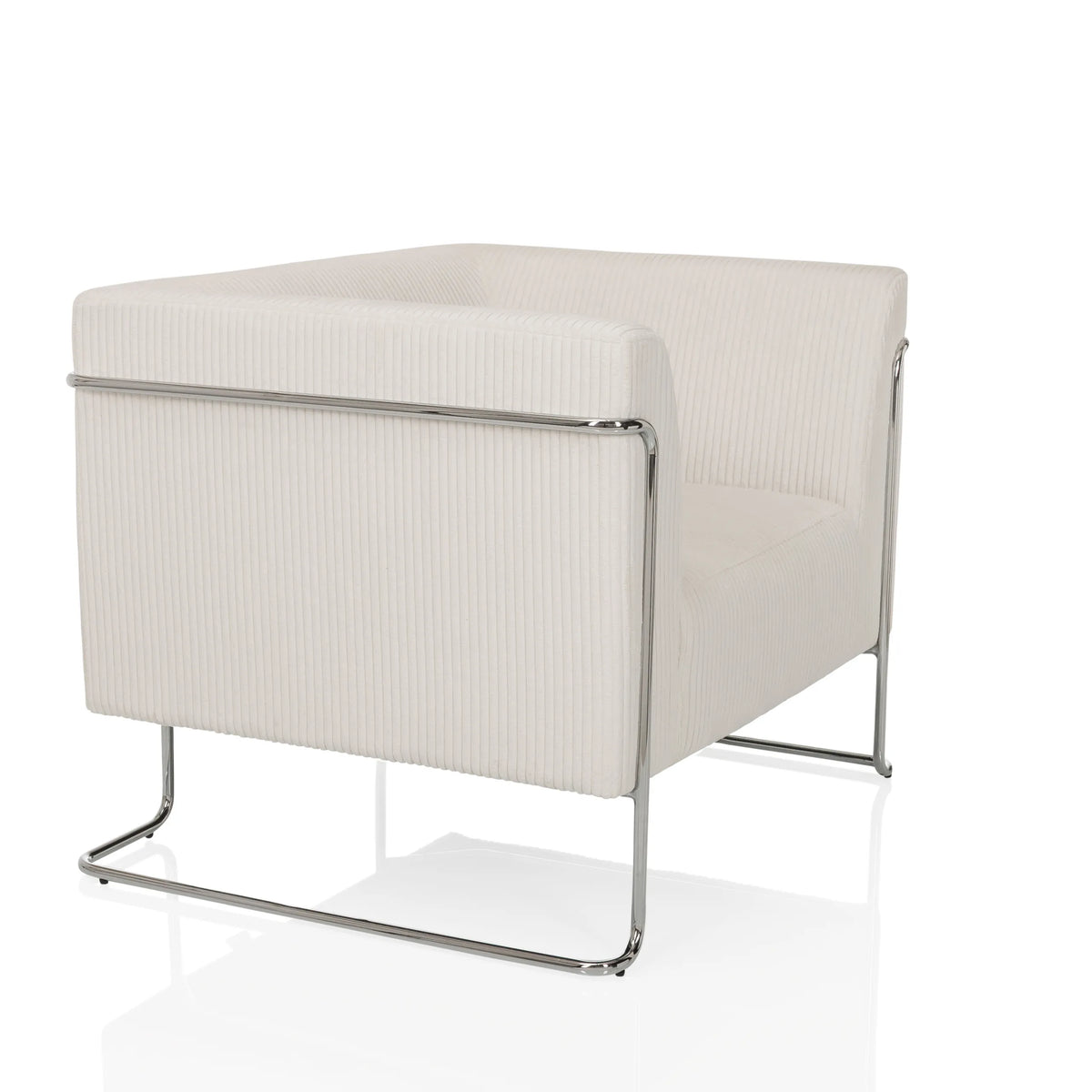 Fauteuil de salon Curacao Cord blanc avec revêtement côtelé et structure chromée de hjh LIVING – vue à 360° (vue de trois quarts avant 60°)