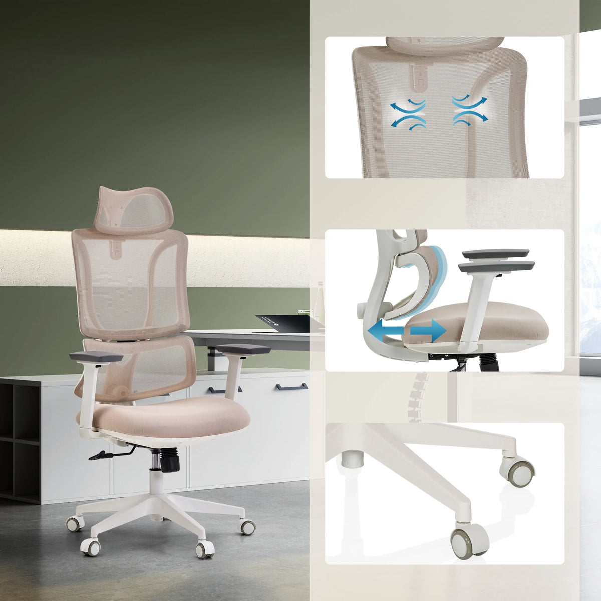 Siège de bureau de qualité professionnelle ERGOMY W beige avec dossier en maille, profondeur d'assise réglable et piètement blanc de MyBuero