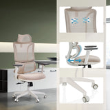 Siège de bureau de qualité professionnelle ERGOMY W beige avec dossier en maille, profondeur d'assise réglable et piètement blanc de MyBuero