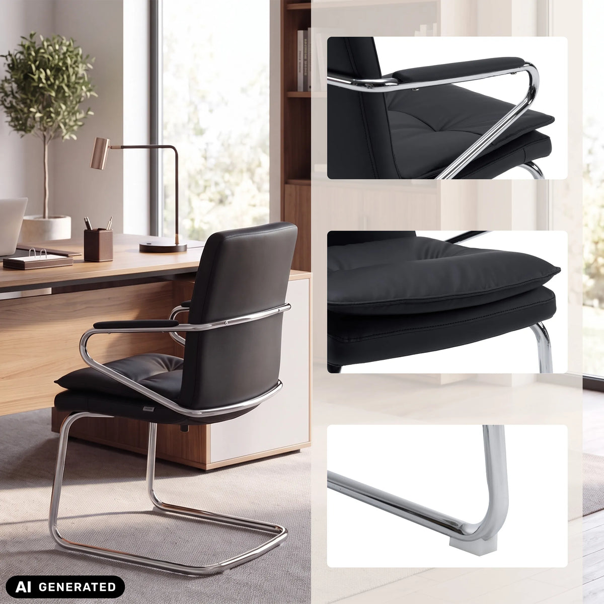 Chaise cantilever Rovento V noire avec structure chromée et vues détaillées de hjh OFFICE (image générée par IA)