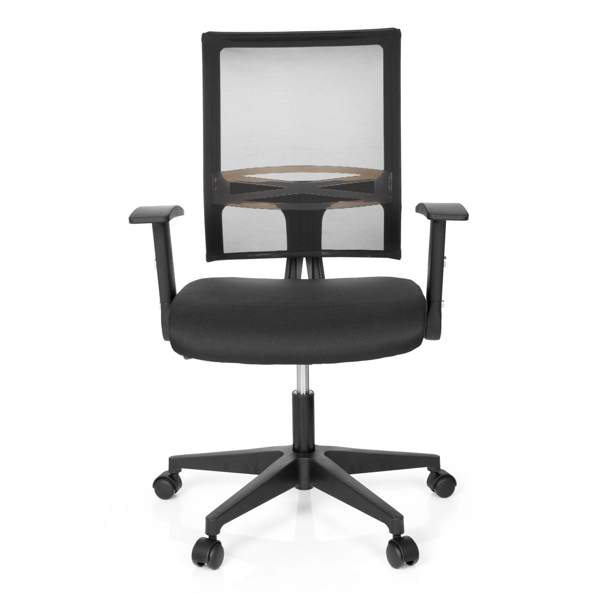 Siège de bureau à domicile OFFICE R8 noir avec dossier en maille et base à cinq roulettes de hjh OFFICE – vue à 360° (vue de face 0°)
