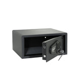 Coffre-fort noir SAFE COMPACT I avec serrure numérique et poignée rotative de hjh OFFICE – vue à 360° (vue de trois quarts arrière 120°)