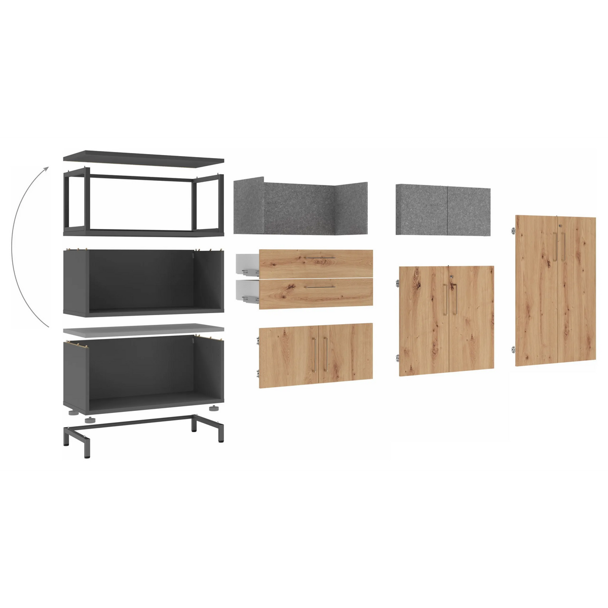 Éléments individuels d'une armoire FlexWall avec façades en chêne rustique et caissons gris de hjh OFFICE PRO