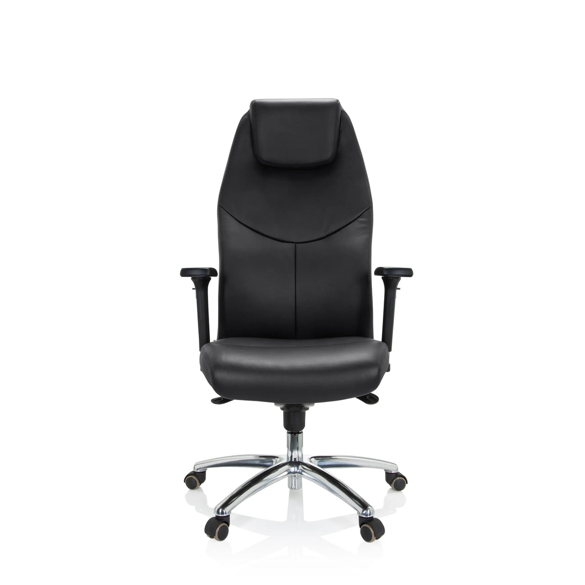Siège de direction de qualité professionnelle FERRARA noir avec appui-tête intégré et base à cinq roulettes de hjh OFFICE – vue à 360° (vue de face 0°)