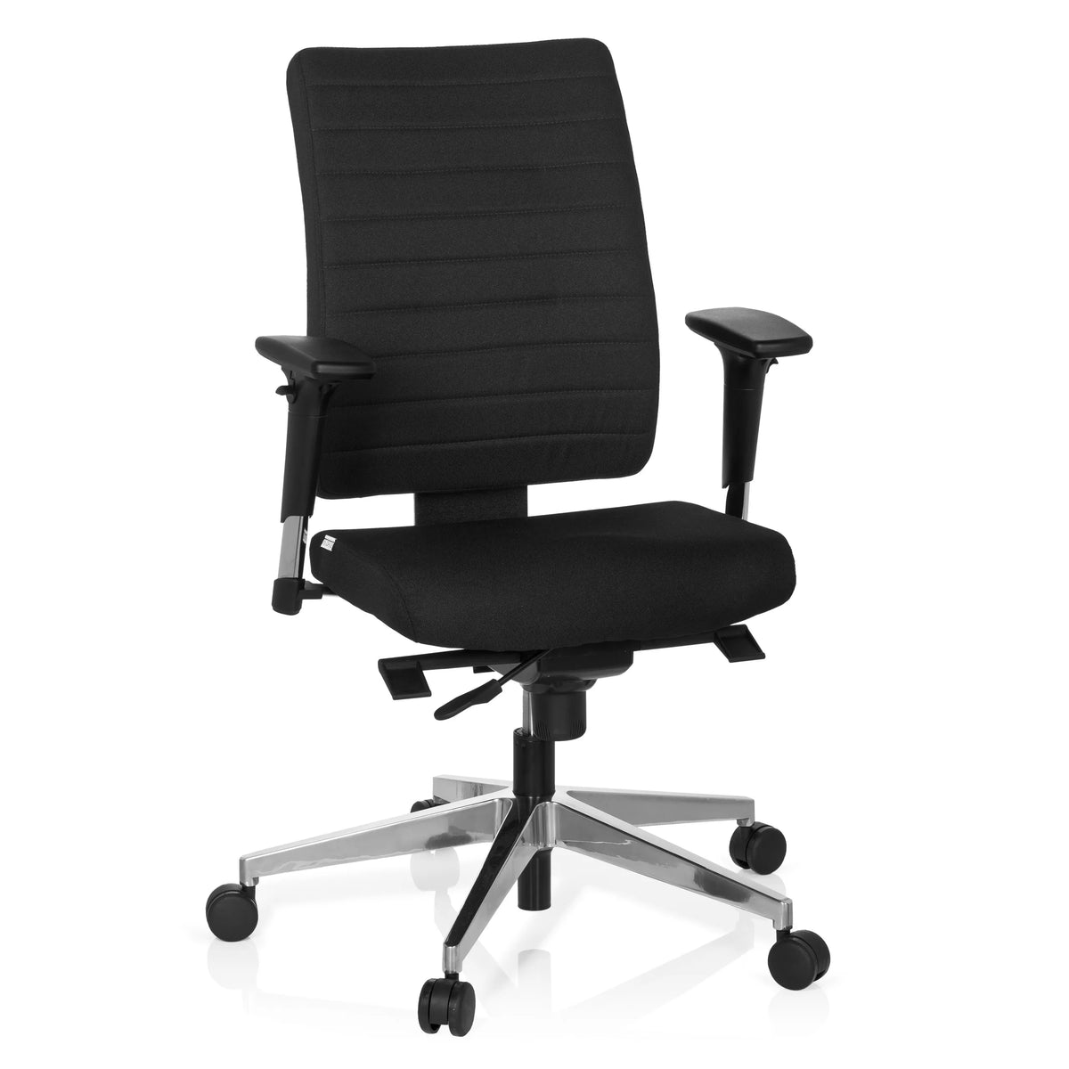 Siège de bureau de qualité professionnelle PRO-TEC 350 noir avec accoudoirs et base argentée à 5 roulettes de hjh OFFICE – vue à 360° (vue de face 20°)