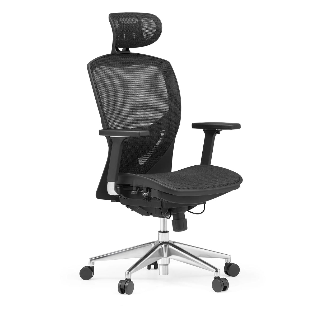 Siège de bureau haut de gamme VENUS ONE noir avec dossier en maille et base à cinq roulettes de hjh OFFICE – vue à 360° (vue de trois quarts avant 45°)