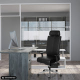 Siège de bureau de qualité professionnelle PRO-TEC XXL en cuir noir avec appui-tête à un bureau de hjh OFFICE (image générée par IA)