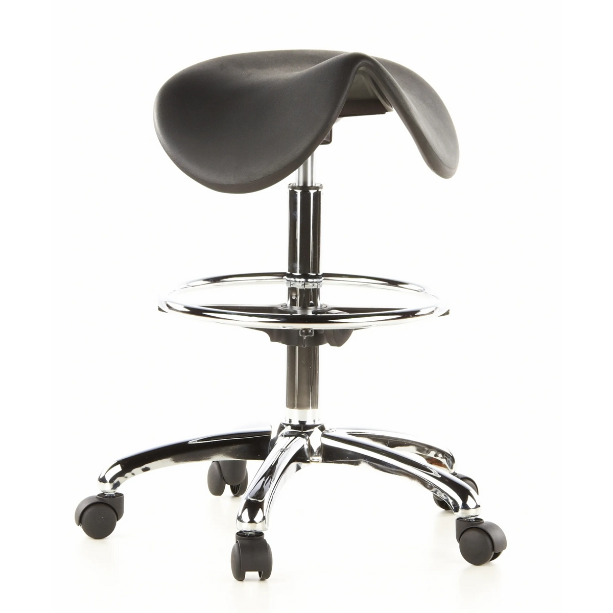 Tabouret de selle TOP WORK 13 noir avec repose-pieds et base à cinq roulettes de hjh OFFICE – vue à 360° (vue de face 20°)