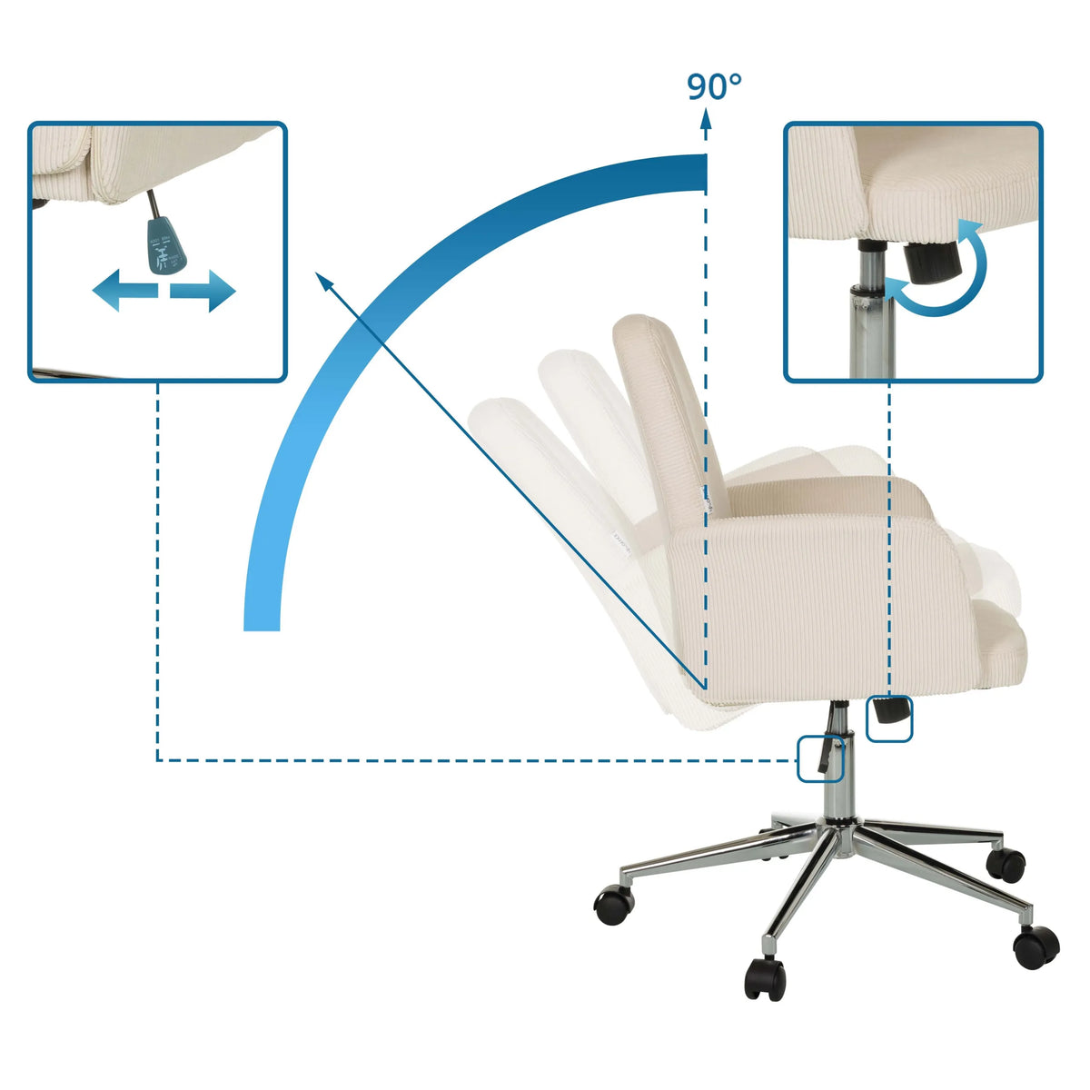 Hauteur d'assise réglable et inclinaison du dossier à 90 degrés du Siège de bureau à domicile SOLAO CORD de hjh OFFICE