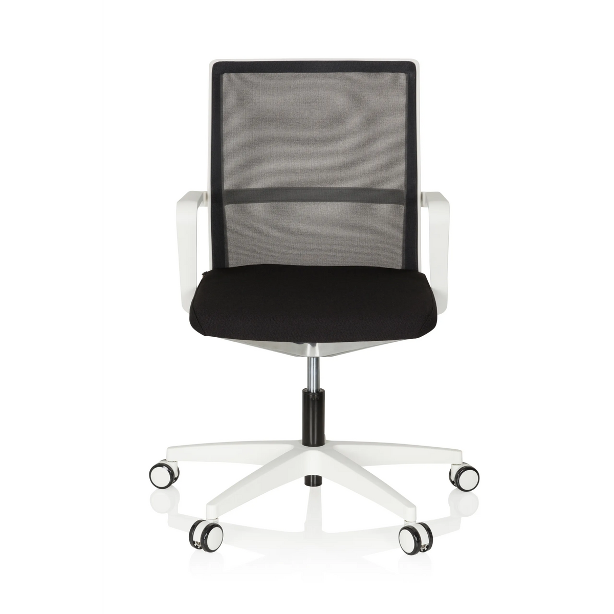 Siège de bureau de qualité professionnelle MOVE-TEC NET 3D W noir et blanc avec dossier en maille et base blanche à cinq roulettes de hjh OFFICE – vue à 360° (vue de face 0°)