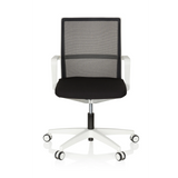 Siège de bureau de qualité professionnelle MOVE-TEC NET 3D W noir et blanc avec dossier en maille et base blanche à cinq roulettes de hjh OFFICE – vue à 360° (vue de face 0°)