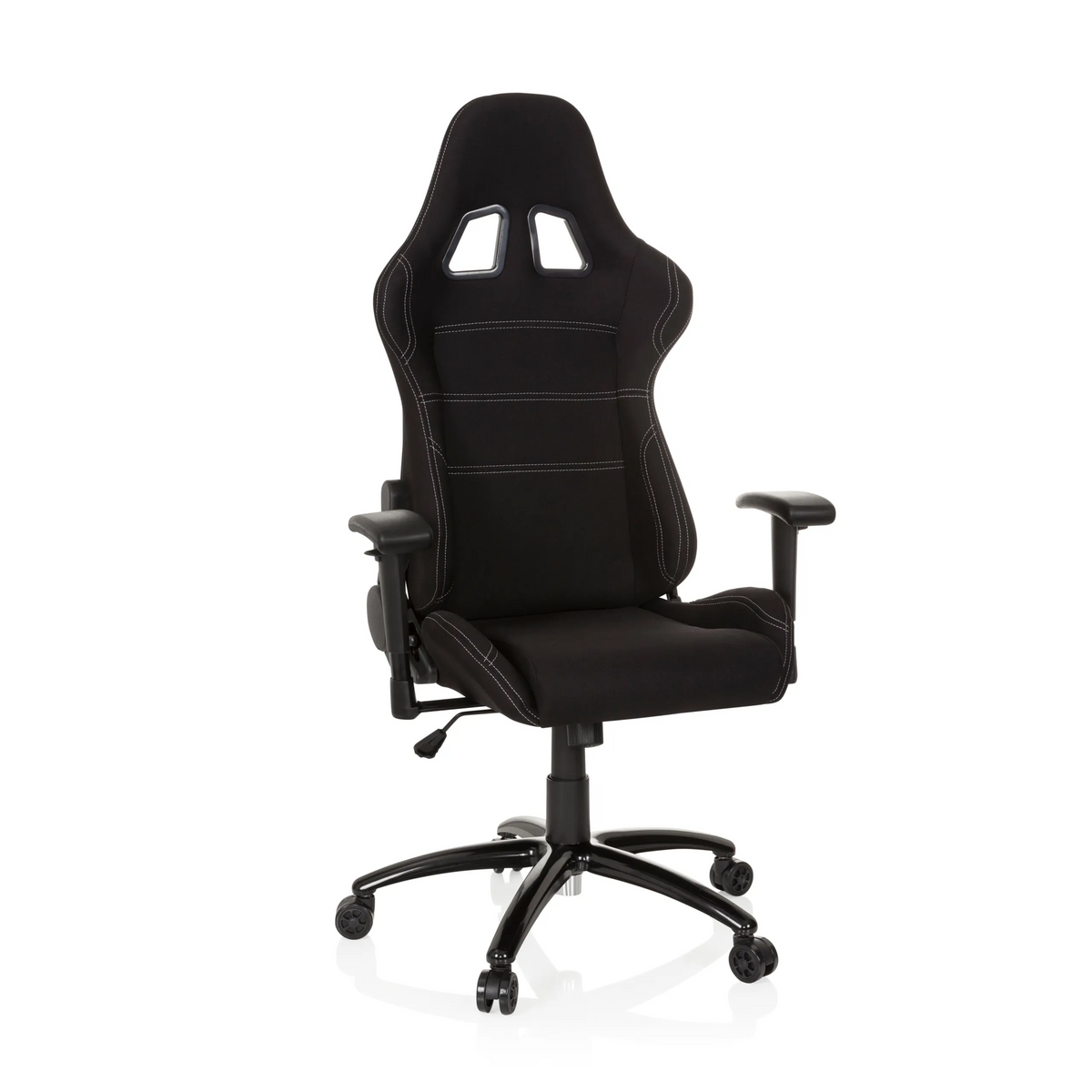 Fauteuil Gamer noir GAME FORCE avec appui-tête, accoudoirs et base à cinq roulettes de hjh OFFICE – vue à 360° (vue de face 20°)